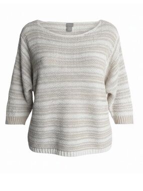 Chico's Dolman 3/4 Sleeve Pullover Sweater Cotton Linen Neutral Stripe. Size 3